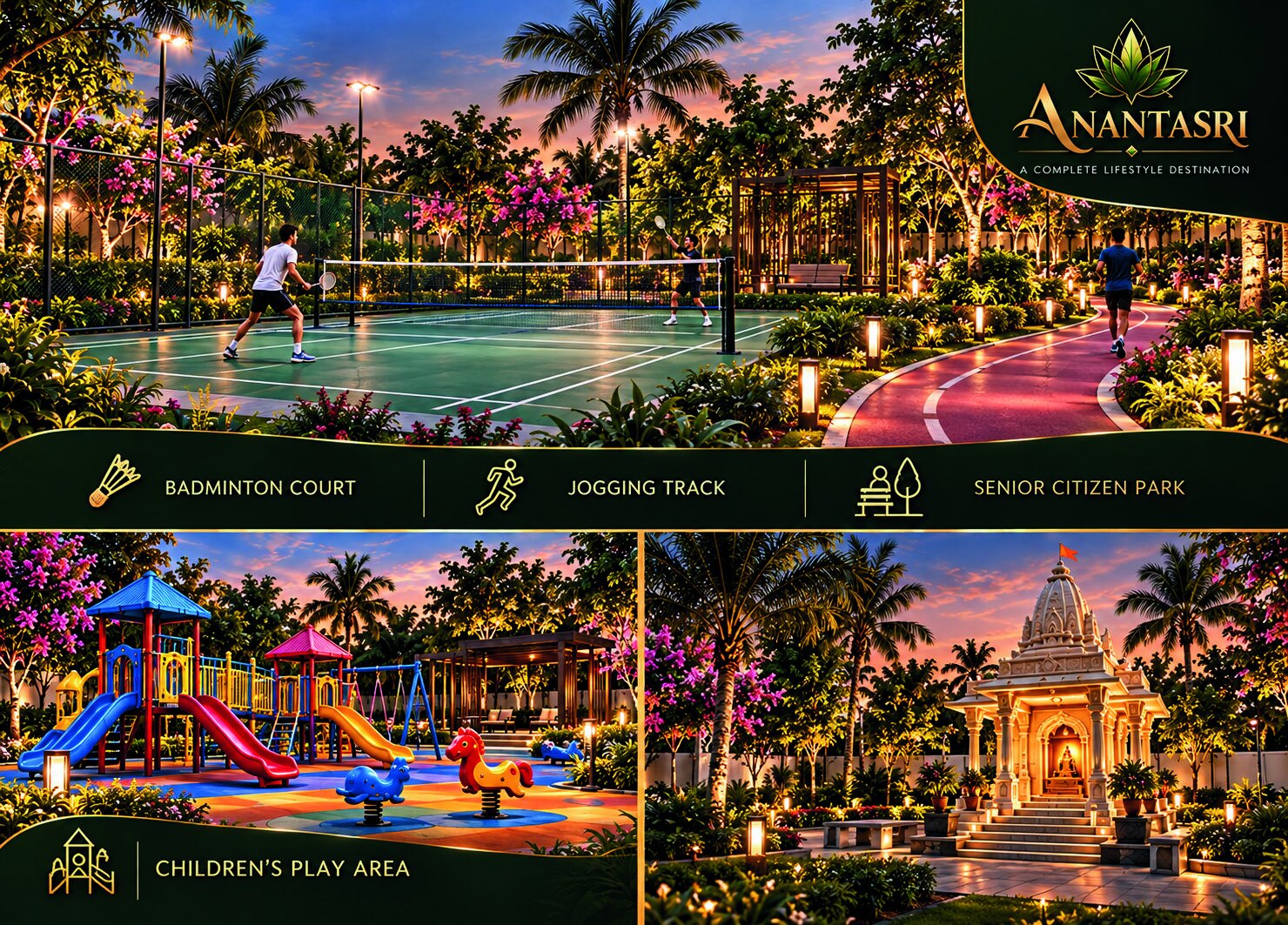 Anantasri badminton court, jogging track, play area and temple